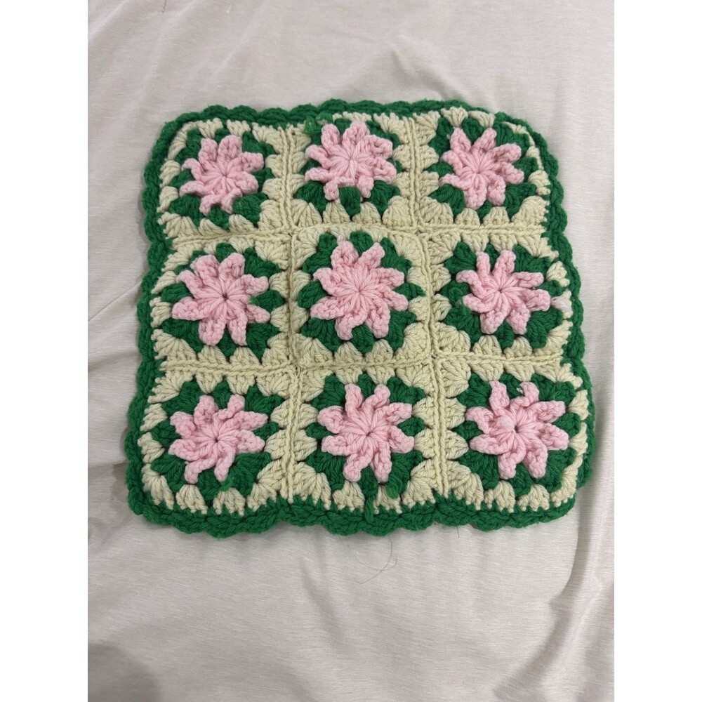 Vintage Crochet Pillow Cover Handmade Floral White 3DFloral Green Pink Square